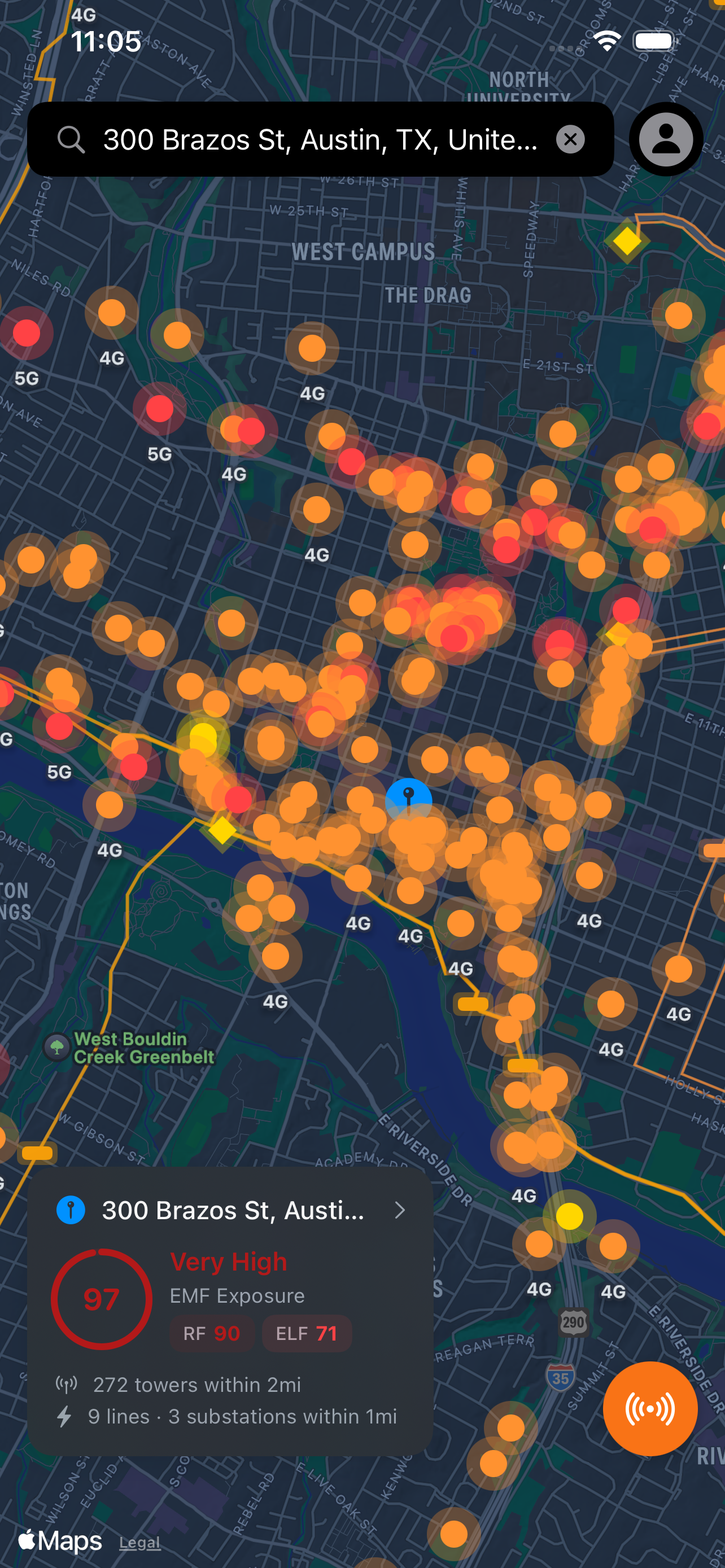 EMF Radar app screenshot (dark mode)