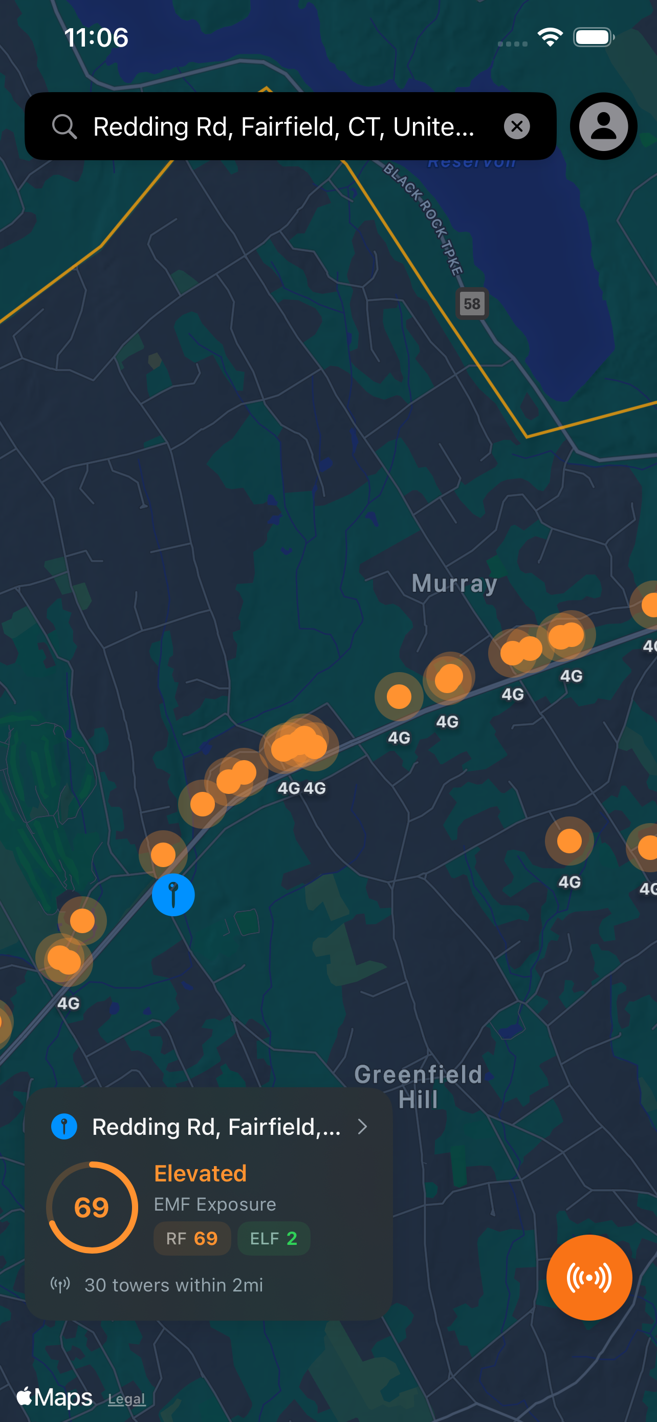 EMF Radar app screenshot (dark mode)
