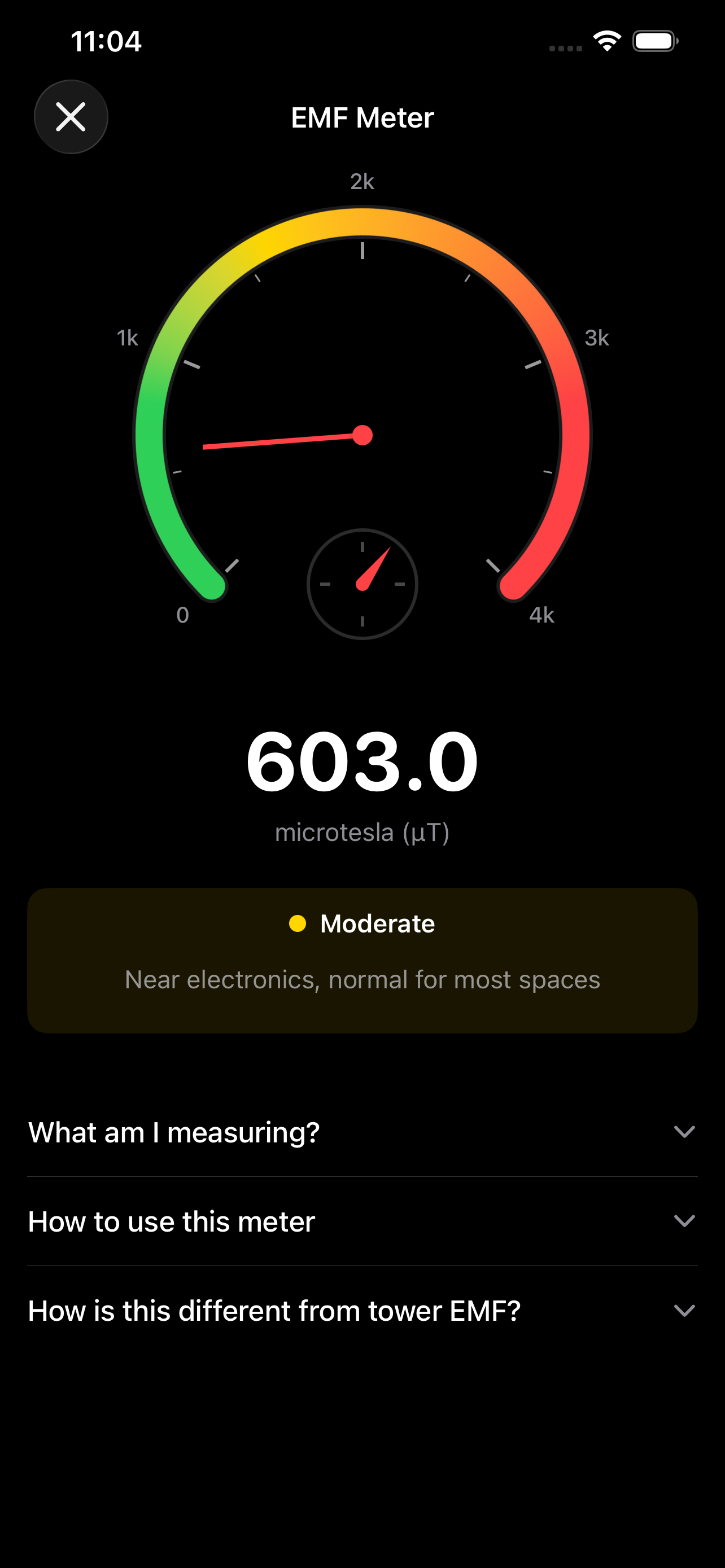 EMF Radar app screenshot (dark mode)